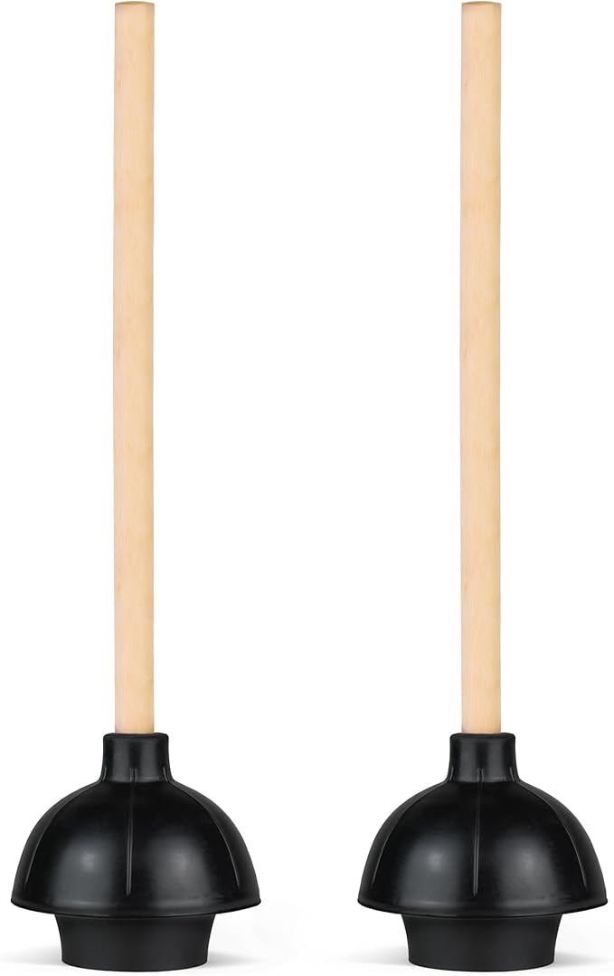 SteadMax Heavy Duty Toilet Plunger, Commercial Grade Double Thrust Force Rubber Cup with Wood Handle, 2 Pack (22")