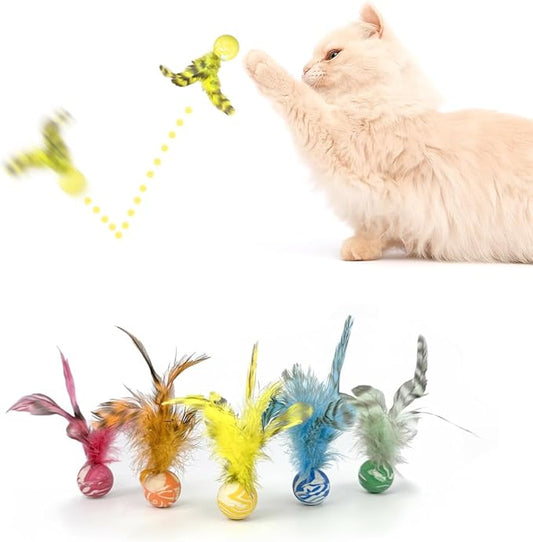 Feather Chase & Fetch Balls for Indoor Cats – 5 Pack Durable Rubber Cat Toys with Natural Feathers, Interactive Exercise & Hunting Play, Bouncy Balls for Active Kittens and Adult Cats