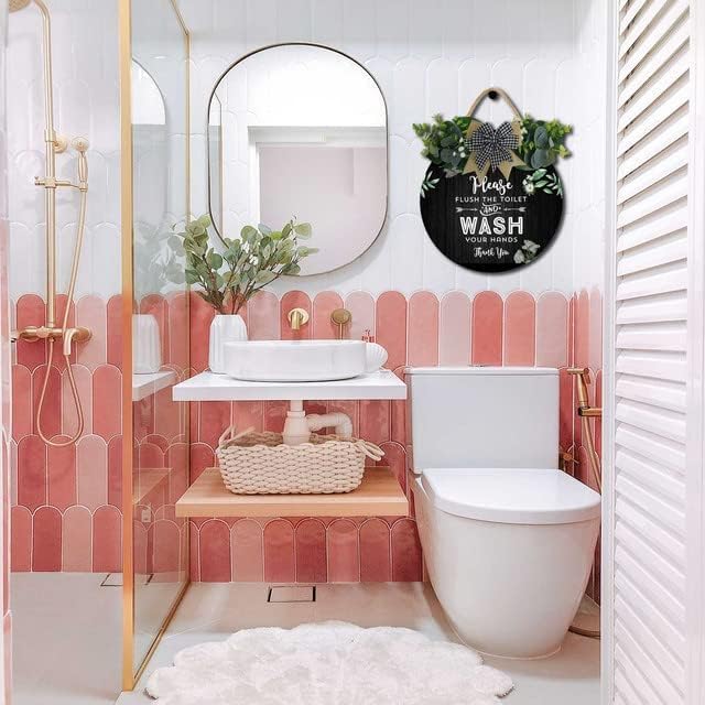 Bathroom Decor,Please Flush The Toilet and Wash Your Hands Thank You Sign,Rustic Round Wooden Wreath Sign,Bath Toilet Decoration for All The Seasons