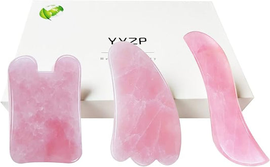 YYZP Natural Rose Quartz ChineseGuaSha Board,Scraping Massage Tools for Acupoint Trigger Point Treatment, Suitable for Facial, Body Care, 3 Set