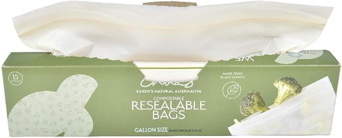 100% Compostable Food Storage Bags [Gallon 50 Pack] Eco-Friendly Freezer Bags, Resealable Bags, Heavy-Duty, Reusable, Off-White by Earth's Natural Alternative