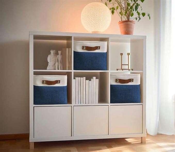 DECOMOMO Storage Bins Fabric Storage Baskets for Shelves, Linen Closet Organization Toys Nursery (Navy Blue and White, Large - 3 Pack)