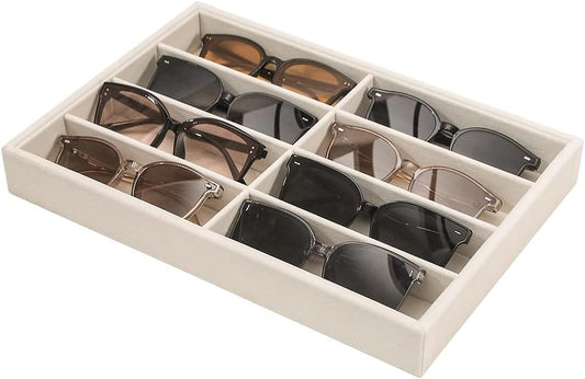 Coward Sunglass Organizer, Beige Velvet Glasses Trays - Eyeglasses Watches Jewelry Display - Men Women (8 Grids)