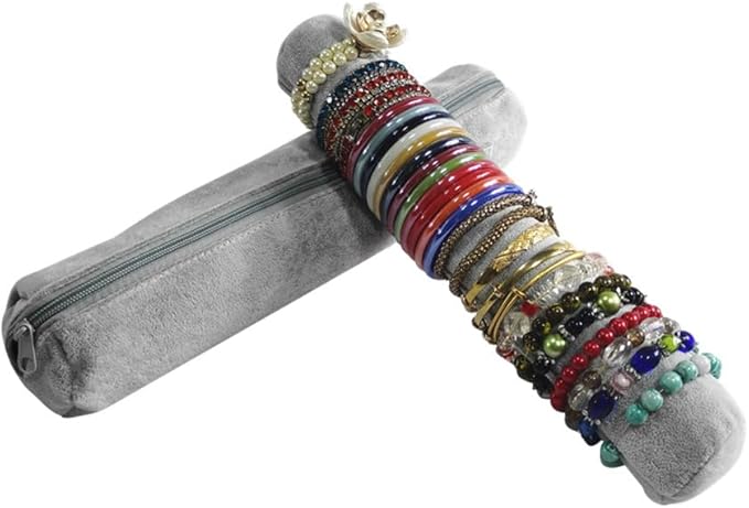 Bracelet Bangle Watch Roll Travel Pouch Jewelry Organizer, Black Gray Velvet Portable Zipper Pouch with Removable Roll Insert for Standard Size 12.5" W x 2.8" Diameter. (All Gray)