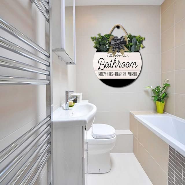 Bathroom Decor,Bathroom Open 24 Hours Please Seat Yourself Sign,Rustic Round Wooden Wreath Sign,Modern Farmhouse Home Accent For All The Seasons