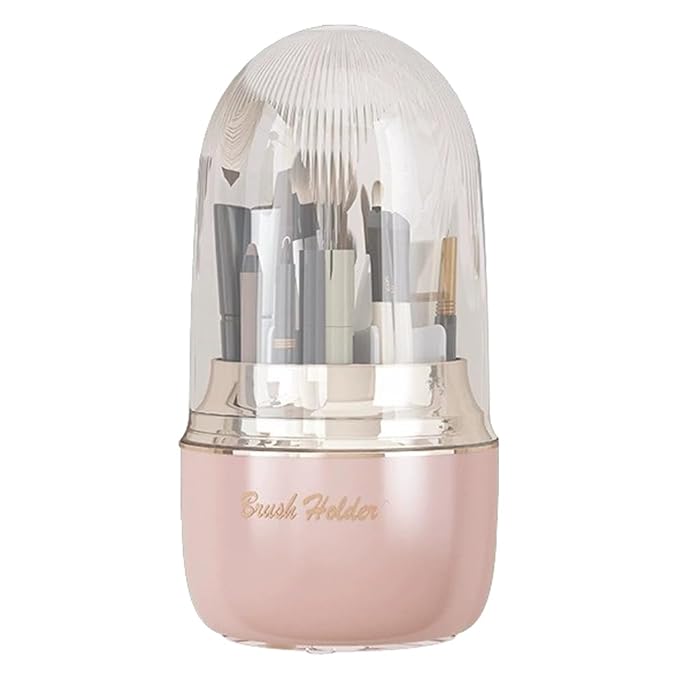 Makeup Brush Organizer With Lid, 360° Spinning Cosmetic Brush Holder for Bathroom Countertop, Compact Cosmetic Display Case for Vanity, Bedroom and Dresser (Pink)