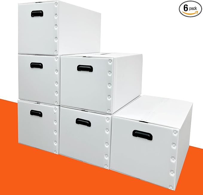 plastic storage bins with lids containers,80qt(23.6"x15"x13.4") 6pack,collapsible reusable moving boxes with handles stackable storage bins,Double-layer hollow shock-absorbing material,white