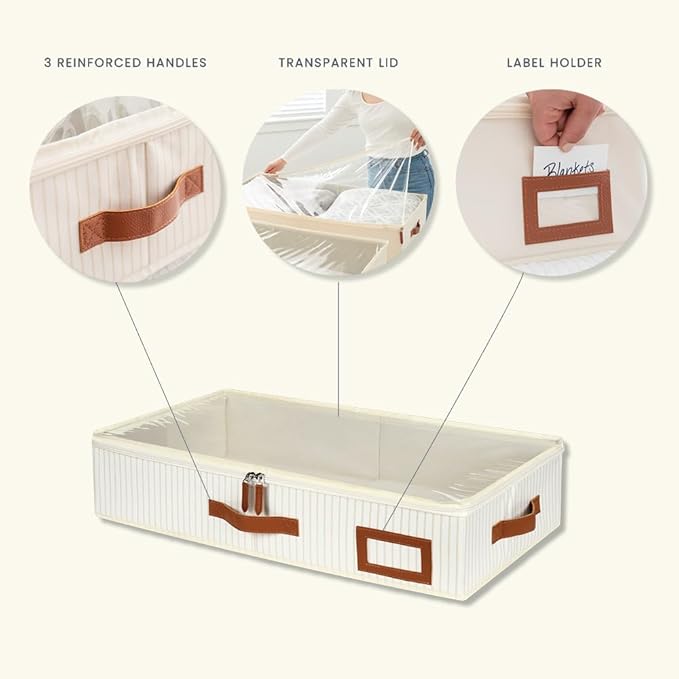 OrganiHaus Under Bed Storage Containers, Bedroom Storage and Organization Bins, Clothes Organizer for Closet with Clear Cover and Reinforced Handles - Set of 2 33x17x6 inches White Striped