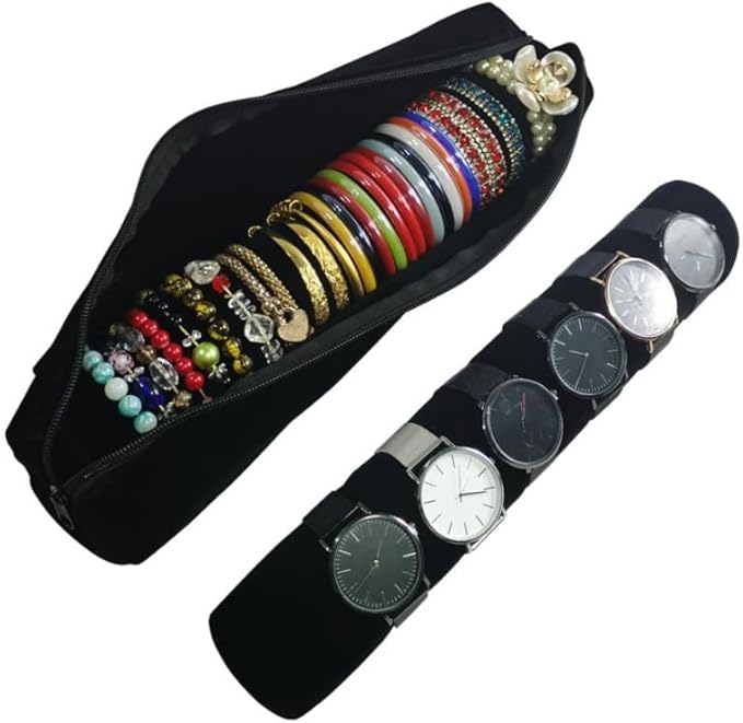 Bracelet Bangle Watch Roll Travel Pouch Jewelry Organizer, Black Gray Velvet Portable Zipper Pouch with Removable Roll Insert for Standard Size 12.5" W x 2.8" Diameter. (All black)