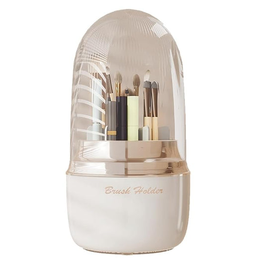 Makeup Brush Holder Organizer with Lid, 360° Rotating Cosmetic Display Case, Spinning Vanity Organizer with 6 Divided Compartments for Countertop Make Up Brushes Storage (White)