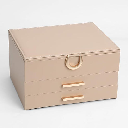 Leather Jewelry Box Premium 3-Layer Jewelry Case with Mirror - Scratch-Resistant Storage for Earrings, Rings, Necklaces, Ideal Gift for Women Apricot