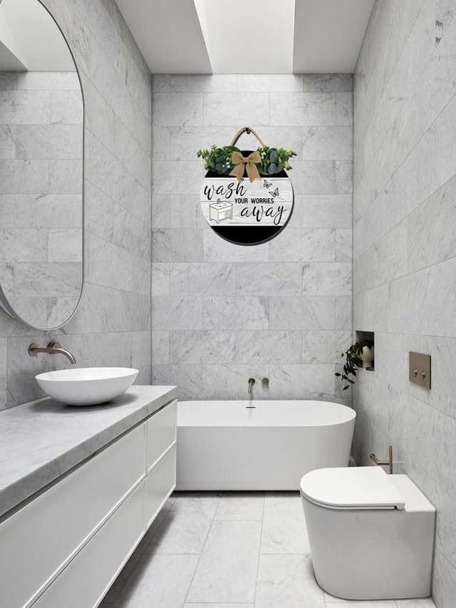 Bathroom Wall Art,Bathroom Sign,Rustic Round Wooden Wreath Sign,Funny Bathroom Signs For All The Seasons