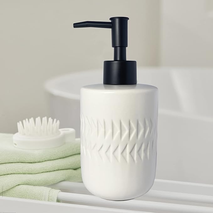 White Soap Dispenser with Matte Black Pump for Bathroom,Cylindrical Lotion Dispenser,12oz Ceramic Relief Hand Dish Soap Dispenser,Refillable Liquid Dispenser for Kitchen (Relief White)