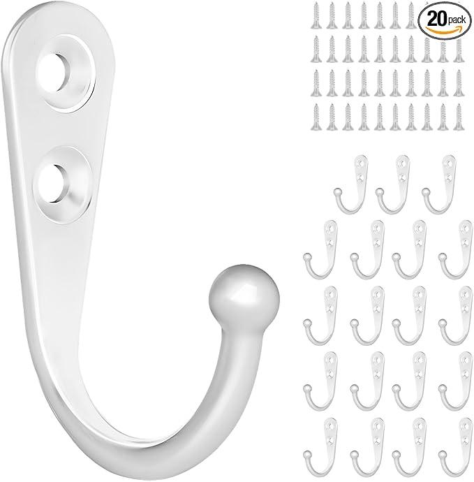 20 Pcs Small Key Hooks for Hanging, Key Holder, Wall Mount Hook with Stainless Steel Screws, Command Hooks Utility Hangers for Key, Hat, Cup, Coat, Picture (White)