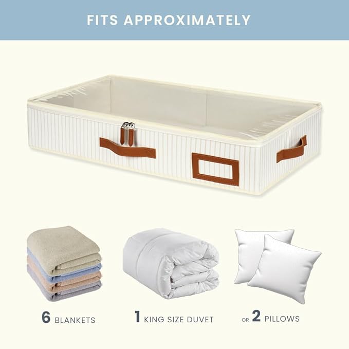OrganiHaus Under Bed Storage Containers, Bedroom Storage and Organization Bins, Clothes Organizer for Closet with Clear Cover and Reinforced Handles - Set of 2 33x17x6 inches White Striped