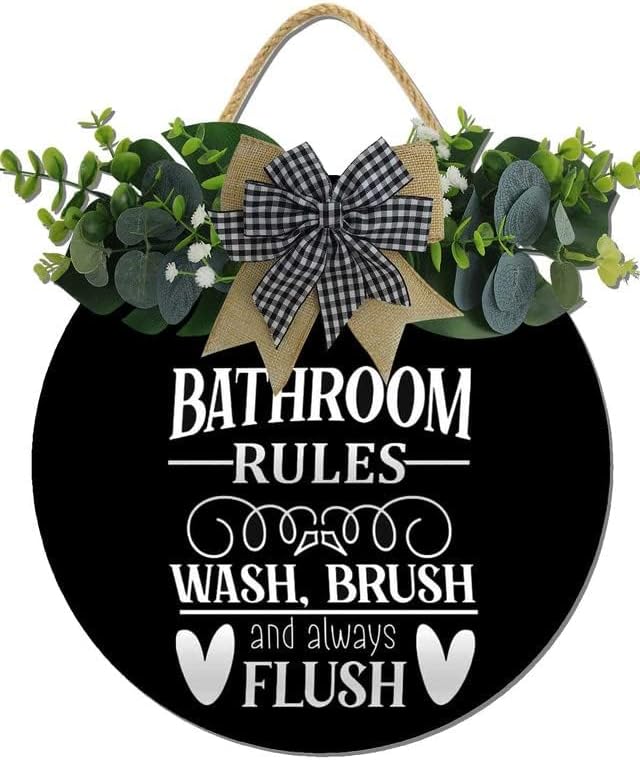 Farmhouse Bathroom Decor,Bathroom Rules Sign,Rustic Round Wooden Wreath Sign,Funny Bathroom Decor Wall Art For All The Seasons