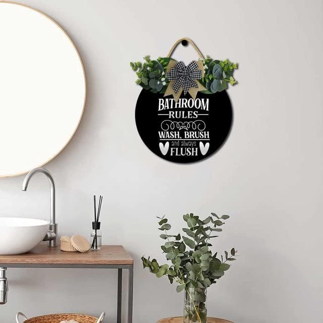 Farmhouse Bathroom Decor,Bathroom Rules Sign,Rustic Round Wooden Wreath Sign,Funny Bathroom Decor Wall Art For All The Seasons