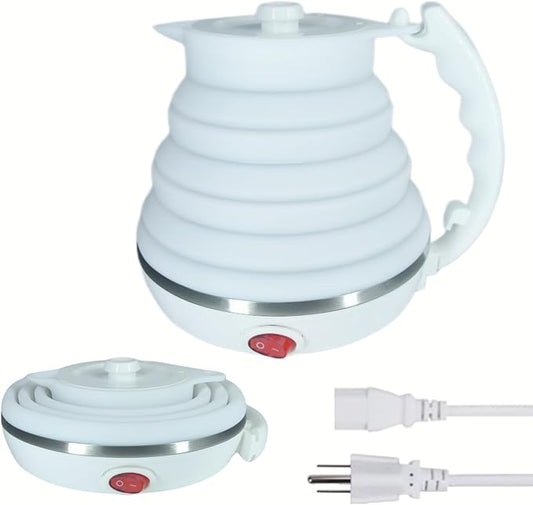Travel Kettle Electric, Portable Travel Tea Kettle Small, Ultra-thin Collpasible Electric Kettle, Food Grade Silicone Foldable, Auto Shut off and Keep Warm, 110V 555ml (White)