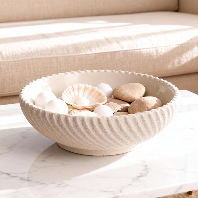 Large Resin Decorative Pedestal Bowl for Home Decor - Sandstone Ribbed Fruit Bowl For Kitchen Counter Or Table Decor - Key Bowl for Entryway Table Decor - Centerpiece Bowls for Keys, Fruit, Candy