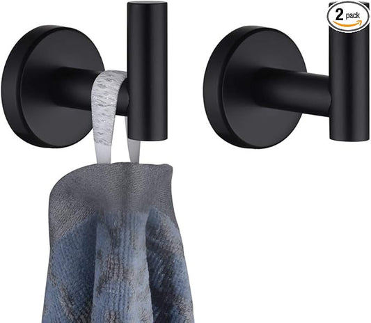 JQK Black Bathroom Towel Hook, Coat Robe Clothes Hook for Bathroom Kitchen Garage Wall Mounted (2 Pack), 304 Stainless Steel Matte Black, TH100-PB-P2
