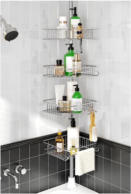 SEIRIONE Rustproof Shower Caddy Corner and Shower Organizer Corner for Bathroom,Corner Shower Caddy Tension Pole with 4 Adjustable Baskets for Shower Accessories, 34 to 116 Inch Height, Silver