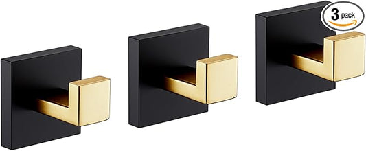 KOKOSIRI Robe Hooks for Wall Bathroom Towel Hooks Coat Hook Kitchen Garage Heavy Duty Wall Mounted Stainless Steel Brushed Gold and Matte Black, 3 Pack B1010GDK-P3