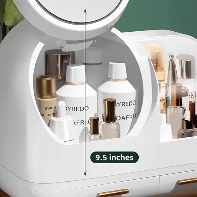 Large Makeup Organizer with Led Light and Mirror - 15" L×8.5" W×12" H Cosmetic Display Case with Fan, Desktop Makeup Box with Drawers, Skincare Storage Box for Vanity Countertop Bathroom, White