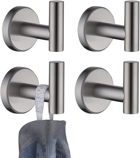 JQK Bathroom Towel Hook, Coat Robe Clothes Bath Wall Hooks for Kitchen Garage SUS 304 Stainless Steel Thick 0.8mm, 4 Pack Brushed Finish, TH100-BN-P4