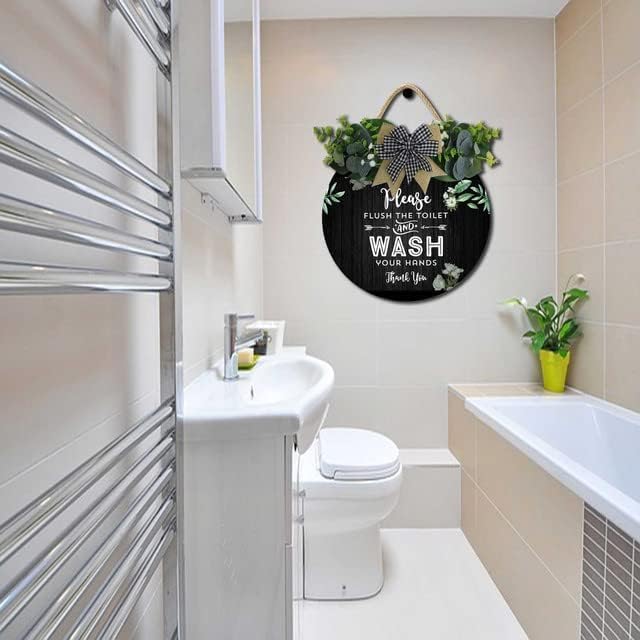 Bathroom Decor,Please Flush The Toilet and Wash Your Hands Thank You Sign,Rustic Round Wooden Wreath Sign,Bath Toilet Decoration for All The Seasons