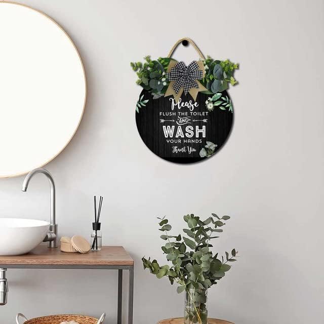 Bathroom Decor,Please Flush The Toilet and Wash Your Hands Thank You Sign,Rustic Round Wooden Wreath Sign,Bath Toilet Decoration for All The Seasons