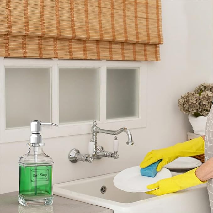 GLADPURE Soap Dispenser - 2 Pack, 18 Oz Antique Design Thick Glass Hand Soap Dispensers; with 304 Rust Proof Stainless Steel Pump, 6Pcs Clear Stickers, for Kitchen, Bathroom - Silver