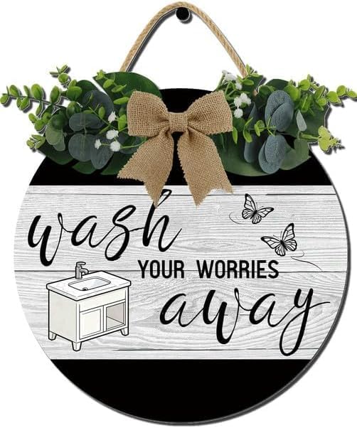 Bathroom Wall Art,Bathroom Sign,Rustic Round Wooden Wreath Sign,Funny Bathroom Signs For All The Seasons