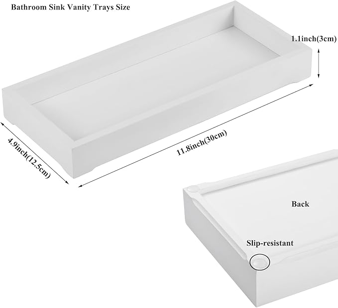 Natural Wooden Vanity Tray, Bathroom Decor Box, Wooden Bathroom Organizer for Toilet Tank and Counter Top, Slip- Resistant Cute Bathroom Decor ﻿ (White, 4.8"" W11.5 Lx1.2 H)