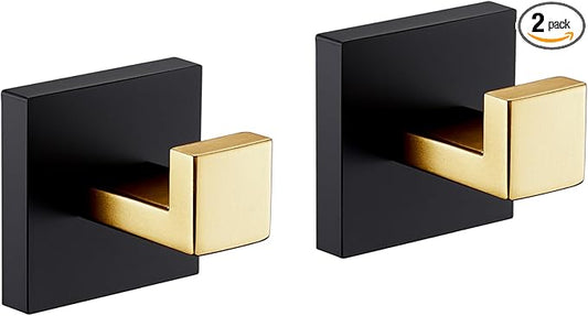 KOKOSIRI Robe Hooks for Bathrooms Towel Hooks Coat Hook Kitchen Garage Heavy Duty Wall Mounted Stainless Steel Brushed Gold and Matte Black, 2 Pack B1010GDK-P2