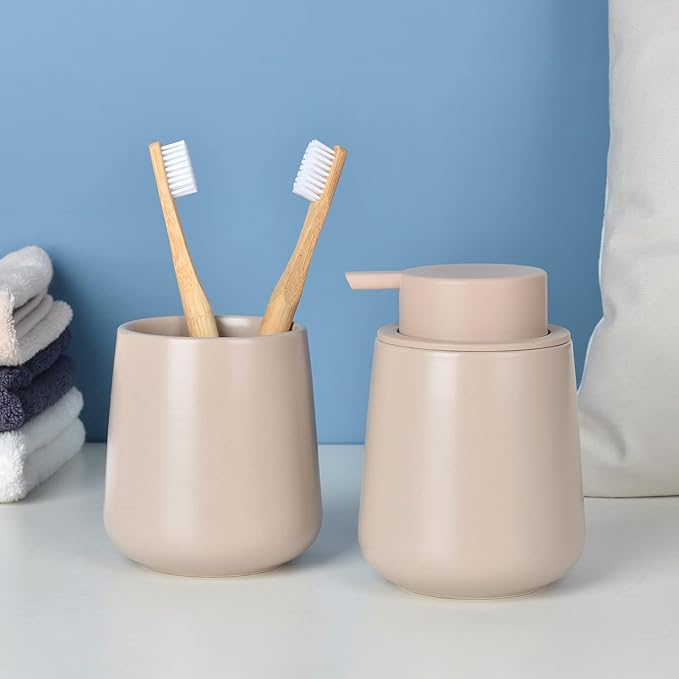 BosilunLife Foam Hand Soap Dispenser - 12 oz Bathroom Lotion Pump for Kitchen and Hand Wash - Khaki Ceramic Dish Liquid Dispenser