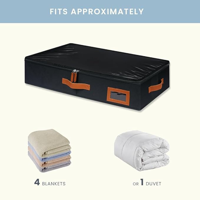 OrganiHaus Under Bed Storage Containers, Bedroom Storage and Organization Bins, Clothes Organizer for Closet with Clear Cover and Reinforced Handles - Set of 2 23.5x12.5x5 inches Black