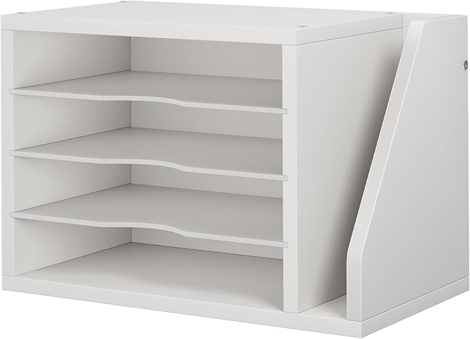File Organizer Desktop, Wood Desk Organizer with 3 Adjustable Shelves, Mail Paper Sorter for Office, Home, File Holders for Envelopes, Mail Supplies or Magazines, White