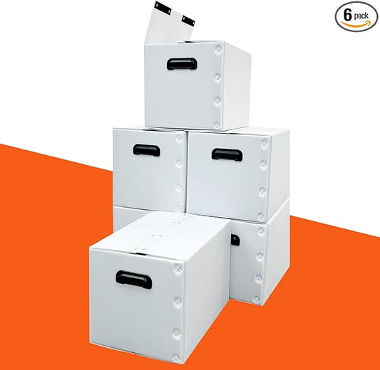 plastic storage bins with lids containers,38qt(15.8"x11.8"x11.8") 6pack,collapsible moving boxes with handles stackable storage bins,Double-layer hollow shock-absorbing material,white