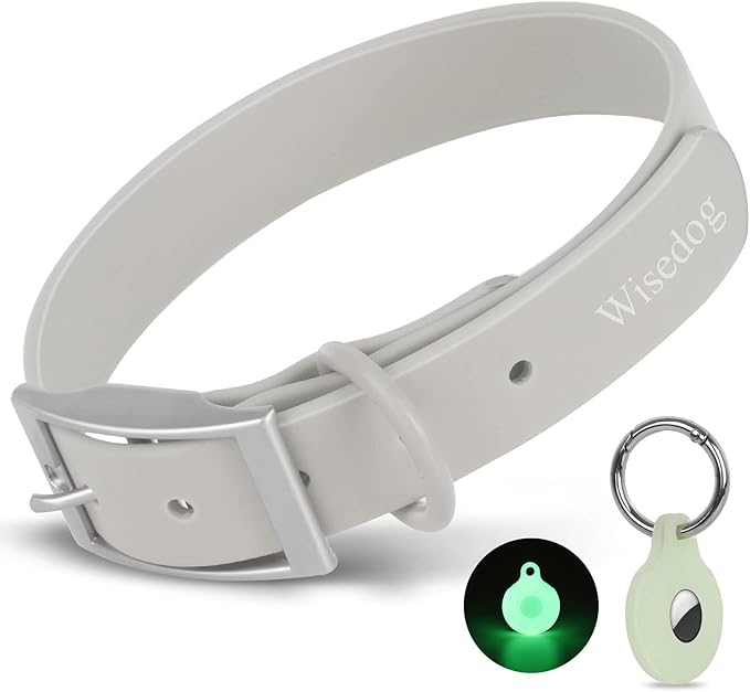 Wisedog Waterproof Dog Collar, Adjustable Soft Rubber Coated Webbing, Odor-Proof and Easy to Clean for Small Medium Large Dogs, with Airtags Case(S|8.5"-12.5" × 4/5 in, Gray)