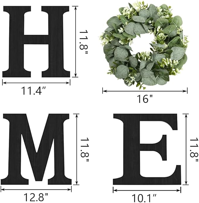 Wood Home Sign with Artificial Eucalyptus Wreath for O, Hanging Farmhouse Wall House Decor - Wood Letters for Art Rustic Home Decor, Wall Decor for Living Room Kitchen Entryway Gift (Black L)