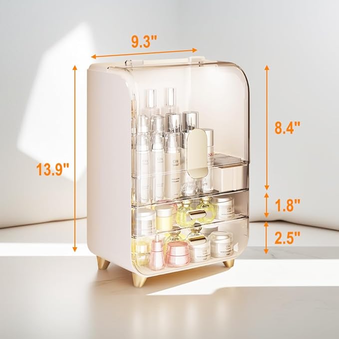 Makeup Organizer Storage Box, Skincare Cosmetic Organizer, Clear Cosmetic Display Case With Top Flip-lid and 2-Tier Drawer for Vanity, Dresser, Countertop (Pink)