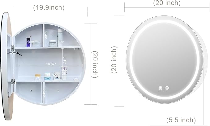 20inch Round Medicine Cabinet with Lights,Led Medicine Cabinet with Defogger,Illuminated Mirror Cabinet for Bathroom,Dimmable,Anti-Fog,3 Colors,Surface Mount Only,White