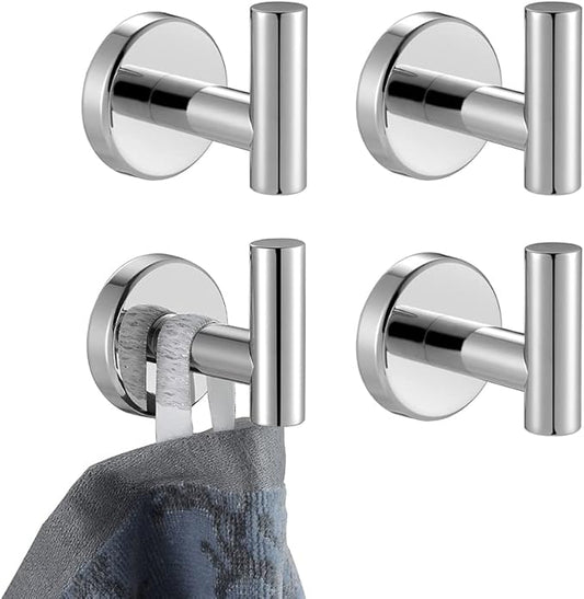 JQK Chrome Bathroom Towel Hook, 304 Stainless Steel Coat Robe Clothes Hook for Bathroom Kitchen Garage Wall Mounted (Pack of 4), TH100-CH-P4