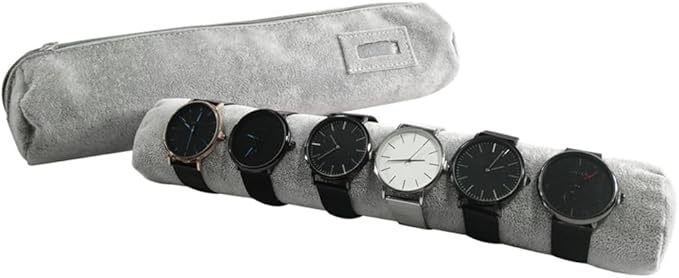 Bracelet Bangle Watch Roll Travel Pouch Jewelry Organizer, Black Gray Velvet Portable Zipper Pouch with Removable Roll Insert for Standard Size 12.5" W x 2.8" Diameter. (All Gray)