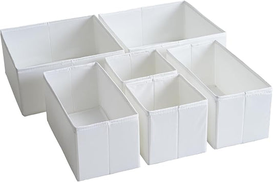 TYEERS Drawer Organizers, Durable Fabric, Washable, with Base Support Boards, Small Storage Boxes for Bathroom, Closet, Dresser, Set of 6, White