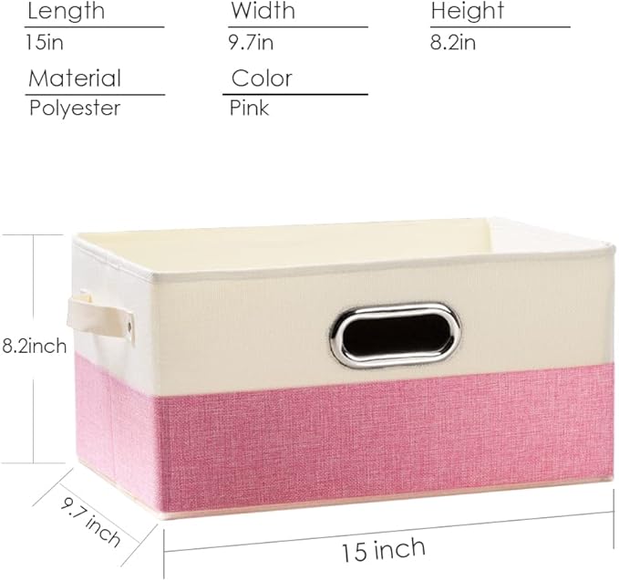 PRANDOM Large Collapsible Storage Baskets for Closet [3-pack] Decorative Fabric Storage Bins Cubes with Leather/Metal Handles for Shelves Bedroom Living Room Pink&Cream (14.9x9.8x8.3 Inch)