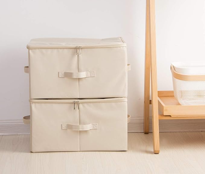 Pack of 3, Folding Rigid Sides Clothing Storage Organizer Bins with Zip Lid, Clothes/Blankets/Books/Magazines Storing Cubes for Living Room, Bedroom, Light Gray