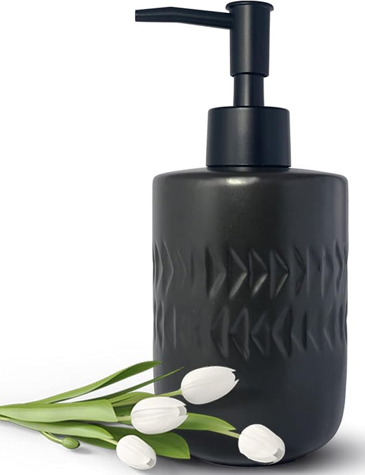 Black Soap Dispenser for Bathroom,Cylindrical Lotion Dispenser,12oz Ceramic Relief Hand Dish Soap Dispenser,Refillable Liquid Dispenser for Kitchen,Matte Black Pump(Relief Black)