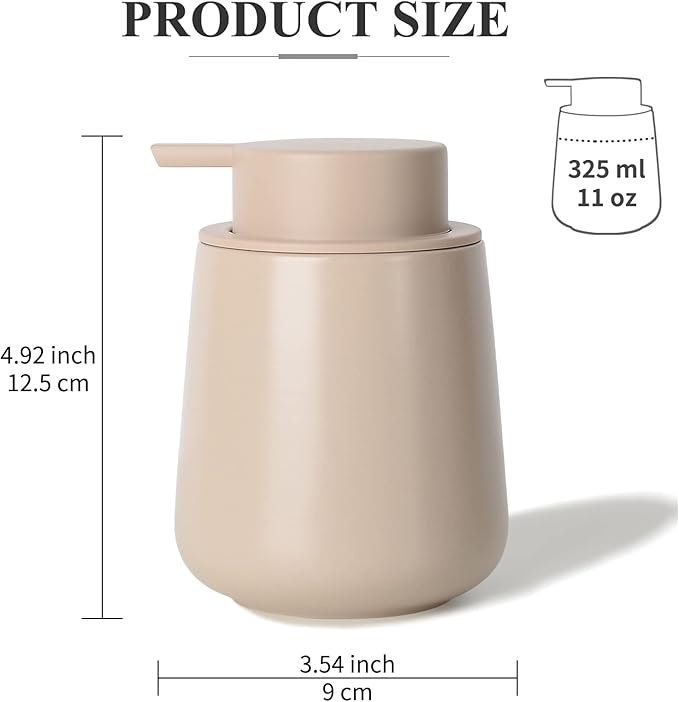 BosilunLife Foam Hand Soap Dispenser - 12 oz Bathroom Lotion Pump for Kitchen and Hand Wash - Khaki Ceramic Dish Liquid Dispenser