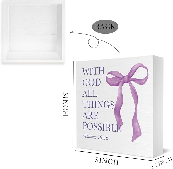 Purple Bow Room Bedroom Bathroom,Purple Decor,Inspirational Bible Verses Decorations Butterfly Decorations for Teen Girls Gifts Wooden Box 5 x 5 Inch